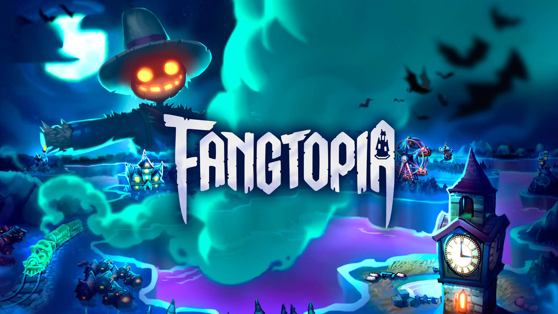 Key art for Fangtopia with a pumpkin-headed monster reaching out to a tile-based world on a purple sea
